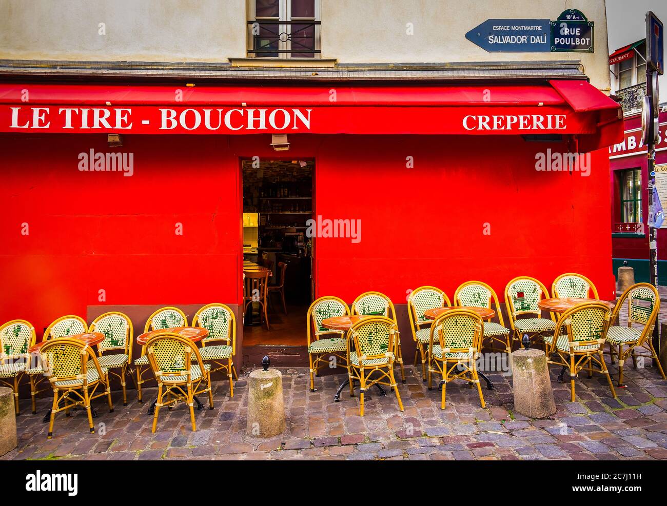 Paris, France, Feb 2020, view of the empty terrace of the restaurant`Le Tire-Bouchon`in the heart of Montmartre district Stock Photo